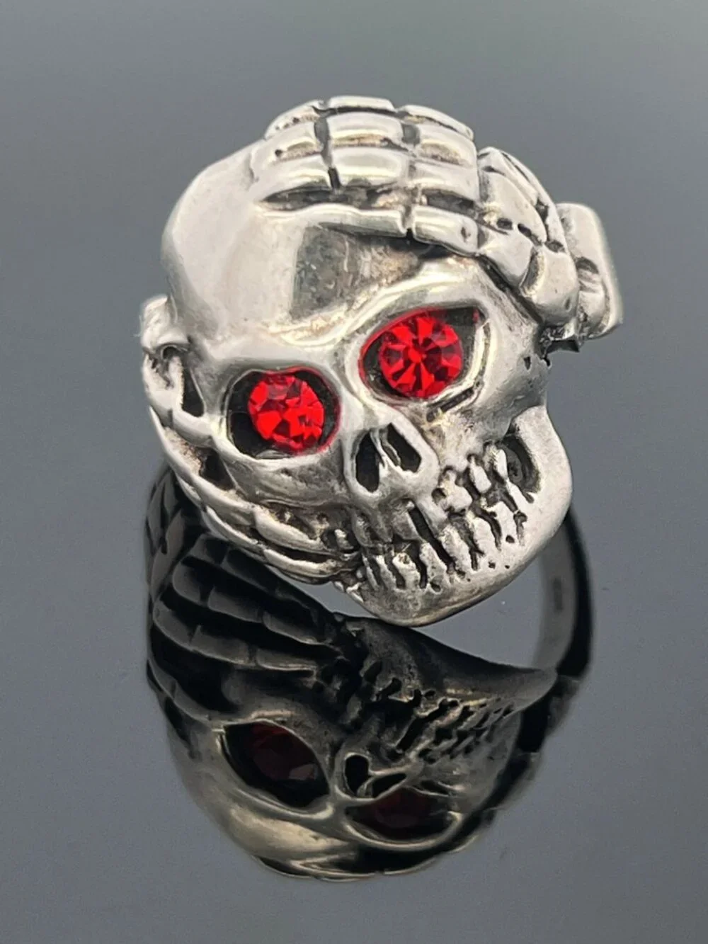 925 Silver Men's Gothic Skull Ring w/ Red Crystal Eyes & Skeleton Hands - Sz. 12